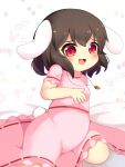  1girl :3 animal_ears blush breasts brown_hair carrot_necklace commentary_request dress floppy_ears foot_out_of_frame heart highres inaba_tewi jewelry koruk700 looking_at_viewer medium_bangs necklace open_mouth pink_dress rabbit_ears rabbit_girl rabbit_tail red_eyes ribbon-trimmed_dress short_hair short_sleeves small_breasts smile solo tail touhou white_background 