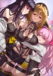  3girls ahoge anis_(nikke) bare_shoulders belt beret between_breasts bikini bikini_top_only black_belt black_bikini black_gloves black_hair black_headwear black_jacket black_leotard black_shorts black_thighhighs blonde_hair blunt_bangs blush breasts brick_(atelier_brick) brown_eyes chain chain_leash chest_harness cleavage closed_mouth collarbone collared_shirt commentary_request cosplay cowboy_shot dutch_angle earclip fingerless_gloves gloves goddess_of_victory:_nikke grey_gloves groin hair_between_eyes hair_ribbon harness hat highres holding holding_whip hug jacket large_breasts latex leash leather_bikini leotard leotard_under_clothes long_hair long_sleeves looking_at_another looking_at_viewer midriff mihara_(nikke) mihara_(nikke)_(cosplay) mole mole_under_mouth multiple_girls o-ring o-ring_top open_mouth parted_lips pink_hair pink_ribbon purple_eyes revision ribbon shirt shirt_tucked_in short_hair short_shorts shorts sidelocks single_glove skindentation small_breasts smile standing strap_between_breasts swimsuit tears thigh_strap thighhighs whip white_shirt yuni_(nikke) yuri 