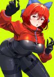  1girl absurdres arm_up bent_over black_gloves bodysuit breasts contrapposto cowboy_shot crossed_bangs fingernails gloves hair_between_eyes hands_up highres large_breasts light_blush long_sleeves open_mouth puffy_long_sleeves puffy_sleeves red_eyes red_hair sekibanki simple_background skin_tight solo thick_thighs thighs touhou urizaku3 v-shaped_eyebrows yellow_background 