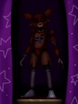  anthro big_ears big_eyes black_background black_eyes blood blood_on_feet bodily_fluids broken canid canine clothed clothing curtains curtains_open endoskeleton five_nights_at_freddy&#039;s fox foxy_(fnaf) fur hi_res hook horror_(theme) humanoid looking_at_viewer machine male mammal metal_legs open_mouth partially_clothed pirate_cove purple_curtains red_body red_fur robot scottgames simple_background solo standing star teeth twtr 