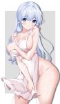  1girl apron ass blue_eyes blue_hair breasts cleavage genshin_impact highres kamisato_ayaka large_breasts looking_at_viewer maid_apron naked_apron nude penguin_uwu shy simple_background solo sweat white_background 