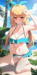  1girl absurdres bare_shoulders beach blonde_hair blush braid breasts cleavage closed_mouth cloud cloudy_sky collarbone day green_ribbon hair_ornament hair_ribbon highres lessone long_hair looking_at_viewer medium_breasts multiple_girls nijisanji nijisanji_en outdoors pointy_ears pomu_rainpuff red_eyes ribbon sky smile solo swimsuit thighs twin_braids virtual_youtuber wings 