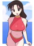  1girl absurdres arm_behind_back azumanga_daioh bikini breasts brown_eyes brown_hair cloud cowboy_shot highres jeff_miga long_hair medium_breasts midriff navel ocean open_mouth parted_bangs red_bikini solo swimsuit tanizaki_yukari wavy_hair white_background 