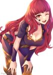  1girl absurdres black_bodysuit bodysuit breasts cleav facial_mark fire_emblem fire_emblem_engage hair_ornament hands_on_own_knees highres leaning_forward long_hair medium_breasts one_eye_closed open_mouth pixie_(pixieinktvis) red_eyes red_hair smile solo star_(symbol) star_facial_mark star_hair_ornament upper_body watermark wavy_hair white_background yunaka_(fire_emblem) 