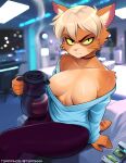  2023 5_fingers absurd_res anthro beverage blonde_hair blurred_background breasts caitian clothed clothing coffee dr._t&#039;ana felid female fingers hair hi_res holding_beverage holding_object inner_ear_fluff inside looking_at_viewer mammal medium_breasts pink_nose short_hair solo star_trek star_trek_lower_decks tail tsampikos tuft whiskers yellow_sclera 
