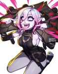  1girl :d ahoge bare_shoulders blushyspicy breasts briar_(league_of_legends) chained_wrists colored_sclera detached_sleeves fingernails grey_eyes grey_hair hair_between_eyes highres large_breasts league_of_legends looking_at_viewer multicolored_hair open_mouth pale_skin pink_hair pink_sclera pointing pointing_at_self pointy_ears seiza sharp_fingernails sharp_teeth shiny_skin simple_background sitting smile solo teeth tongue tongue_out two-tone_hair upper_teeth_only white_background 