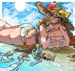  1girl ass banana beach bikini blue_bikini blue_eyes blush bottle bow breasts brown_hair cleavage cloud commission cosmetics earrings flower food freya_(kae_(kikkerikill)) fruit hair_behind_ear hair_ribbon hat hat_bow hat_flower jewelry kafun large_breasts leaf lipstick_tube long_hair looking_to_the_side lying on_stomach one_eye_closed orange_ribbon original pink_flower red_flower ribbon skeb_commission sky smile solo strapless strapless_bikini straw_hat sun swimsuit very_long_hair watch water white_bikini wristwatch yellow_bow 