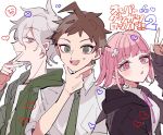  1girl 2boys ahoge black_hoodie blunt_bangs blush brown_hair cherry collared_shirt danganronpa_(series) danganronpa_2:_goodbye_despair emoji food fruit green_eyes green_jacket green_necktie grey_eyes hair_ornament hairclip hand_on_own_chin heart highres hinata_hajime hood hoodie jacket komaeda_nagito long_sleeves looking_at_viewer multiple_boys nanami_chiaki neck_ribbon necktie open_mouth pink_eyes pink_hair pink_ribbon ribbon shirt short_hair short_sleeves smile v white_background white_hair white_shirt yuma_(yumachansan) 