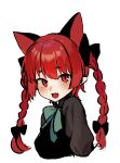  1girl animal_ears black_bow bow bowtie braid cat_ears cat_girl commentary extra_ears fang green_bow green_bowtie hair_bow highres kaenbyou_rin long_hair looking_at_viewer open_mouth red_eyes red_hair side_braids simple_background skin_fang solo symbol-only_commentary touhou twin_braids upper_body utsuro114514 white_background 