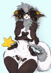  anthro big_butt blush breasts brown_body brown_fur butt cementcookiecreates crossed_arms dragon ear_piercing exposed female fur genitals hi_res horn long_ears long_tail nipple_piercing nipples piercing pussy sage_(cementcookiecreates) solo standing tail thick_thighs white_body yellow_eyes 