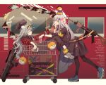 2girls absurdres alternate_costume assault_rifle black_dress black_pants commentary_request cup dress eyewear_on_head g11_(girls&#039;_frontline) girls&#039;_frontline green_eyes grey_hair gun h&amp;k_g11 h&amp;k_hk416 handheld_game_console highres hk416_(girls&#039;_frontline) holding holding_cup holding_handheld_game_console jacket long_hair multiple_girls pants plaid plaid_jacket rabb_horn red_jacket rifle shoes shopping_cart sneakers teardrop_facial_mark tongue tongue_out watch weapon wristwatch yellow_armband 