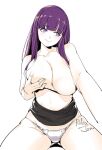  1girl ass_visible_through_thighs black_bra bra bra_pull breasts closed_mouth clothes_pull collarbone cut_bangs fern_(sousou_no_frieren) foreshortening grabbing_own_breast highres large_breasts long_hair looking_to_the_side nipples outstretched_arms panties purple_eyes purple_hair relaxjon signature simple_background sitting solo sousou_no_frieren straight_hair string_panties underwear white_background white_panties 