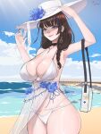  1girl absurdres beach bikini black_hair blue_flower blue_hair blush braid breasts chaneti cleavage closed_eyes earrings flower goddess_of_victory:_nikke hair_over_shoulder hand_on_headwear hat hat_flower highres jewelry large_breasts large_hat lips long_hair mary_(bay_goddess)_(nikke) mary_(nikke) multicolored_hair navel necklace solo streaked_hair sun_hat swimsuit swimsuit_cover-up unusually_open_eyes white_bikini white_headwear 