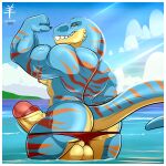  aaron_(artist) anthro balls big_balls big_butt big_penis blue_body butt clothed clothing dinosaur erection flexing genitals hi_res humanoid_genitalia humanoid_penis looking_at_viewer male multicolored_body muscular muscular_anthro muscular_male penis red_stripes reptile scalie solo stripes two_tone_body underwear underwear_only water yellow_body 