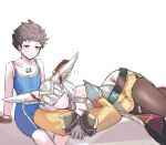  1boy 1girl :3 age_difference animal_ear_fluff animal_ears brown_gloves cat_ears chest_jewel ear_covers gloves juneplums lap_pillow light_blush nia_(xenoblade) onee-shota pantyhose rex_(xenoblade) rubbing_ears shorts smile tank_top very_long_ears xenoblade_chronicles_(series) xenoblade_chronicles_2 xenoblade_chronicles_3 