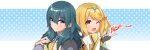  2girls alternate_eye_color blonde_hair blue_eyes blue_hair blush bob_cut bodice bustier byleth_(female)_(fire_emblem) byleth_(fire_emblem) fingerless_gloves fire_emblem fire_emblem:_three_houses gloves hair_between_eyes hand_on_own_chest highres medium_hair multiple_girls official_alternate_costume one_eye_closed osora_(judithandlilith) pyra_(xenoblade) red_eyes short_hair super_smash_bros. swept_bangs tassel turtleneck upper_body xenoblade_chronicles_(series) xenoblade_chronicles_2 