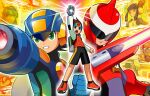  1girl 6+boys arm_cannon bandana brown_eyes brown_hair capcom cover full_body green_eyes gyroman.exe helmet lan_hikari_(mega_man) long_sleeves magnetman.exe meddy.exe_(mega_man) mega_man_(series) mega_man_battle_network mega_man_battle_network_5 megaman.exe multiple_boys napalmman.exe official_art protoman.exe red_eyes searchman.exe short_hair shorts smile sword video_game_cover weapon 