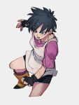  1girl black_gloves black_hair black_shorts dragon_ball dragon_ball_z fingerless_gloves gloves kemachiku long_shirt messy_hair pink_shirt shirt short_hair short_shorts shorts solo videl white_shirt 