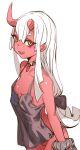  1girl black_bow bow bow_(bhp) breasts broken_horn choker colored_skin commentary_request demon_girl hair_bow horns long_hair looking_at_viewer original red_horns red_skin simple_background small_breasts solo white_background white_hair yellow_eyes 