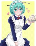  1girl absurdres alternate_costume antennae apron blue_dress blush border bow bowtie breasts closed_mouth commentary_request cowboy_shot cup dress enmaided fingernails frilled_apron frills green_eyes green_hair green_nails hair_between_eyes heart highres holding holding_tray long_sleeves looking_at_viewer maid maid_headdress medium_bangs muki_(munikichan) nail_polish outside_border polka_dot polka_dot_background red_bow red_bowtie red_brooch saucer short_hair small_breasts smile solo teacup teapot touhou tray white_apron white_border wriggle_nightbug yellow_background 