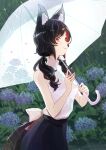  1girl animal_ear_fluff animal_ears black_hair black_skirt brown_eyes closed_mouth flower hair_over_shoulder highres holding holding_umbrella hololive hydrangea long_hair multicolored_hair ookami_mio ookami_mio_(5th_costume) rain red_hair shirt sideways_glance skirt sleeveless sleeveless_shirt smile solo streaked_hair tail turtleneck twintails umbrella virtual_youtuber white_background wolf_ears wolf_tail yami_ara 