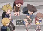  1girl 4boys backpack bag brother_and_sister brothers brown_hair card child digimon digimon_adventure digimon_trading_card_game female_child hair_between_eyes highres holding holding_card ishida_yamato izumi_koushirou multiple_boys playing_games siblings sitting stairs takaishi_takeru tantanmen trading_card yagami_hikari yagami_taichi 