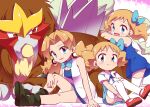  1girl blue_bow blue_bowtie blue_dress blue_eyes blush bow bowtie breasts brown_hair chida_daisuke cleavage closed_mouth dress entei eyelashes green_footwear hair_bow kneeling molly_hale open_mouth pokemon pokemon_(anime) pokemon_(classic_anime) pokemon_3:_the_movie_-_spell_of_the_unown:_entei red_footwear ribbon sitting smile thighhighs time_paradox white_ribbon white_thighhighs 