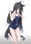  1girl ahoge animal_ears bare_shoulders black_hair blush breasts closed_mouth competition_school_swimsuit covered_navel earrings eyes_visible_through_hair gradient_background hand_in_own_hair hands_in_hair highres horse_ears horse_girl horse_tail jewelry kneeling long_hair manhattan_cafe_(umamusume) multicolored_hair school_swimsuit single_earring small_breasts solo streaked_hair swimsuit tail tks_(526tks) umamusume wet wet_hair yellow_eyes 