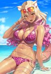  1girl animal_ears animal_print bare_shoulders beach belly_chain bikini blonde_hair blush bracelet breasts cleavage collarbone dark-skinned_female dark_skin eyewear_on_head fate/grand_order fate_(series) fox_ears fox_girl fox_tail gradient_hair hammerman_benkei highres jewelry large_breasts leopard_print long_hair looking_at_viewer multicolored_hair navel necklace open_mouth pink_bikini pink_hair shore sidelocks sitting smile sunglasses suzuka_gozen_(fate) suzuka_gozen_(swimsuit_rider)_(fate) swimsuit tail tan thighlet thighs v yellow_eyes 