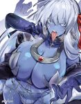  1girl absurdres blue_eyes blue_skin breasts breath colored_skin commentary drooling earrings english_commentary extra_arms fate/grand_order fate_(series) fellatio_gesture hair_ribbon highres huge_breasts jewelry kali_(fate) kurenaiz1 long_hair long_tongue looking_at_viewer navel open_mouth red_ribbon revealing_clothes ribbon saliva saliva_drip sexually_suggestive solo stomach teeth tongue tongue_out twitter_username upper_teeth_only very_long_hair white_hair 