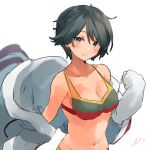  1girl bikini black_eyes black_hair blush breasts cleavage closed_mouth collarbone highres jacket kantai_collection large_breasts mogami_(kancolle) multicolored_bikini multicolored_clothes navel short_hair signature smile solo sunday_aki swimsuit upper_body white_jacket 