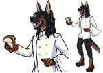  afevis_(character) anthro athletic athletic_anthro athletic_male black_body black_fur black_hair black_nose blue_eyes body_hair brown_body brown_fur canid canine canis chef chef_uniform claws domestic_dog ear_piercing ear_ring fingers food fur german german_shepherd hair herding_dog heterochromia likeshine long_hair male mammal pastoral_dog piercing ring_piercing sandwich_(disambiguation) sandwich_(food) shepherd tan_body tan_fur telegram_sticker telegramstickers 