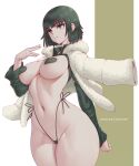  1girl absurdres black_hair blunt_bangs breasts closed_mouth curvy fubuki_(one-punch_man) green_eyes green_hair groin hand_up heart_pasties highres large_breasts melowh navel one-punch_man panties pasties short_hair shrug_(clothing) side-tie_panties solo stomach thong underwear wide_hips 
