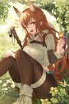  1girl absurdres animal_ear_fluff animal_ears arknights biting black_pants breasts brown_eyes cameo charm_(object) crop_top extra_ears finger_biting fox_ears fox_girl fox_tail franka_(arknights) highres hongbaise_raw jungle leaf liskarm_(arknights) lizard long_hair medium_breasts midriff_peek nature open_mouth outdoors pants shirt sidelocks sitting solo tail thighs very_long_hair white_shirt 