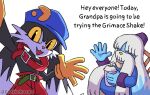  anthro bandai_namco belt bottomwear clothing collar comic cookiedraaws domestic_cat duo felid feline felis gesture gloves grandpa_(klonoa) grimace_birthday_shake handwear hat headgear headwear humor klonoa klonoa_(series) male mammal meme pants simple_background waving yellow_eyes 