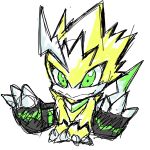  anthro bandai_namco claws digimon digimon_(species) green_eyes hi_res looking_at_viewer open_toe_footwear pulsemon re07722035 simple_background sitting smile solo white_background yellow_body 