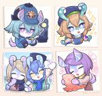  5girls ^_^ animal animal_ears apron aqua_dress arm_up artist_name b_bmvp bag ball_octopus_(genshin_impact) beamed_eighth_notes beret black_headwear black_scarf blue_apron blue_eyes blue_hair blue_jacket blue_scarf blue_sky blush bright_pupils brown_background brown_dress brown_hair brown_shirt closed_eyes closed_mouth cloud coffee commentary_request crossed_bangs cup day dress eighth_note flower_(symbol) full_moon genshin_impact grey_hair hair_between_eyes hand_up hands_up happy hat highres holding holding_animal holding_cup iara_(genshin_impact) jacket leuca_(genshin_impact) light_brown_hair long_sleeves mamere_(genshin_impact) medium_hair mela_(genshin_impact) melusine_(genshin_impact) menthe_(genshin_impact) moon motion_lines multiple_girls musical_note night night_sky notice_lines octopus open_mouth paint_on_clothes paint_splatter parted_bangs peaked_cap photo_(object) purple_eyes purple_hair red_ribbon ribbon scarf shirt short_hair simple_background sky sleeve_cuffs sleeveless sleeveless_dress smile sparkle sweatdrop swept_bangs tail teeth twitter_username upper_teeth_only waving white_pupils white_shirt yellow_eyes 