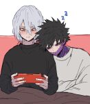  2boys ametaro_(ixxxzu) black_hair black_sweater blush boku_no_hero_academia burn_scar cheek_piercing dabi_(boku_no_hero_academia) grey_hair handheld_game_console highres male_focus multiple_boys multiple_scars red_eyes scar scar_on_face shigaraki_tomura short_hair sleeping sleeping_upright spiked_hair staple stapled sweater white_sweater wrinkled_skin zzz 