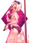  1girl ass bare_shoulders bikini black_bikini blush bracelet breasts card carmilla_(fate) carmilla_(swimsuit_rider)_(fate) carmilla_(swimsuit_rider)_(third_ascension)_(fate) choker curly_hair eyewear_on_head fate/grand_order fate_(series) forehead gun handgun highres jewelry kneeling large_breasts long_hair looking_at_viewer looking_back mitsurugi_sugar parted_bangs solo sunglasses swimsuit thighs weapon white_hair yellow_eyes 