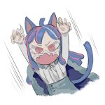  1girl ahoge animal_ears arms_up blue_cape blue_hair blue_skirt cape cat_ears cat_girl cat_tail covered_mouth curled_horns dinosaur_girl horns jewelry long_hair lowres mask mouth_mask multicolored_hair necklace one_piece pink_eyes pink_hair pink_mask raine_(acke2445) skirt solo streaked_hair tail ulti_(one_piece) 