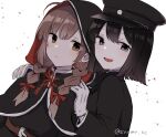  2girls ahoge akitsu_maru_(kancolle) akitsu_maru_kai_(kancolle) black_capelet black_dress black_eyes black_hair black_headwear braid breasts brown_hair capelet dress gloves hat hood hooded_capelet kantai_collection large_breasts long_hair military_hat military_uniform multiple_girls pale_skin peaked_cap shinshuu_maru_(kancolle) shirasumato short_hair twin_braids uniform upper_body white_gloves 