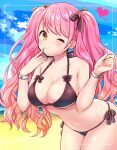  1girl ;) aizono_manami beach bikini black_bikini black_bow blue_sky blush bow breasts day finger_to_mouth gradient_hair heart heart-shaped_pupils highres large_breasts long_hair looking_at_viewer multicolored_hair nijisanji ocean one_eye_closed orange_eyes outdoors pink_hair short_eyebrows side-tie_bikini_bottom sky smile solo string_bikini swept_bangs swimsuit symbol-shaped_pupils taking_picture thick_eyebrows tohaku0w0 very_long_hair virtual_youtuber water wristband 