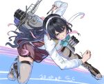 1girl adapted_turret aqua_bow aqua_bowtie black_hair blazer bow bowtie breasts cannon full_body gegeron grey_thighhighs hair_between_eyes hair_down hairband hat highres jacket kantai_collection large_breasts long_hair long_sleeves looking_at_viewer machinery mast military_uniform multicolored_hair naganami_(kancolle) naganami_kai_ni_(kancolle) naval_uniform peaked_cap pink_hair rigging school_uniform smile smokestack solo standing standing_on_liquid thighhighs torpedo_launcher torpedo_tubes turret two-tone_hair uniform wavy_hair white_hairband yellow_eyes 