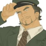  1boy adjusting_clothes adjusting_headwear bara beard_stubble blackthornwww facial_hair goatee grey_hair hat highres kepi looking_at_viewer male_focus mature_male military_hat necktie old old_man original seductive_smile short_hair smile solo sparse_stubble thick_eyebrows 