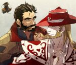  2boys alternate_color alternate_hair_color bara beard blonde_hair blue_eyes cigar couple cowboy_hat facial_hair graves_(league_of_legends) hair_slicked_back hat karipaku league_of_legends long_hair male_focus mature_male multiple_boys mustache pectoral_cleavage pectorals red_headwear short_hair smile smoking thick_eyebrows thought_bubble twisted_fate yaoi 