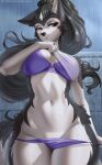  2023 absurd_res anthro anxiety-chan bra breasts canid canine clothing digital_media_(artwork) eyebrows eyelashes female fingers front_view hair hi_res inner_ear_fluff long_hair mammal multicolored_body navel ring_(jewelry) solo text tuft two_tone_body underwear url wet wet_body 