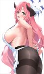 1girl :d apron ass bare_back bare_shoulders blue_archive blue_eyes blush breasts curled_horns demon_girl demon_horns from_behind halo horns juri_(blue_archive) large_breasts long_hair looking_at_viewer mole mole_under_eye naked_apron open_mouth panties panties_under_pantyhose pantyhose pink_hair pointy_ears sideboob simple_background smile solo standing thighband_pantyhose underwear ushimittsu 