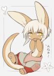  &lt;3 ambiguous_gender anthro aseethe clothed clothing digital_media_(artwork) fur hair hi_res japanese_text made_in_abyss nanachi partially_clothed paws simple_background smile smiling_at_viewer solo tan_body tan_fur text white_hair yellow_eyes 