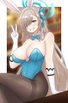  1girl absurdres animal_ears asuna_(blue_archive) asuna_(bunny)_(blue_archive) black_pantyhose blonde_hair blue_archive blue_bow blue_eyes blue_halo blue_leotard blurry blurry_background bow breasts fake_animal_ears gloves hair_bow hair_over_one_eye halo highres large_breasts leotard long_hair looking_at_viewer mole mole_on_breast novabunvt official_alternate_costume pantyhose playboy_bunny rabbit_ears sitting sitting_on_table smile solo strapless strapless_leotard v white_gloves 