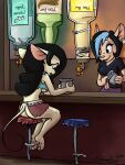  alternate_species anthro bar_counter barefoot black_hair breasts butt clothed clothing counter duo english_text eyeshadow feet female fur hair hi_res improvised_clothing kim_possible makeup mammal micro mouse murid murine open_mouth pink_nose rodent shego shieltar tail tan_body tan_fur text under_boob 